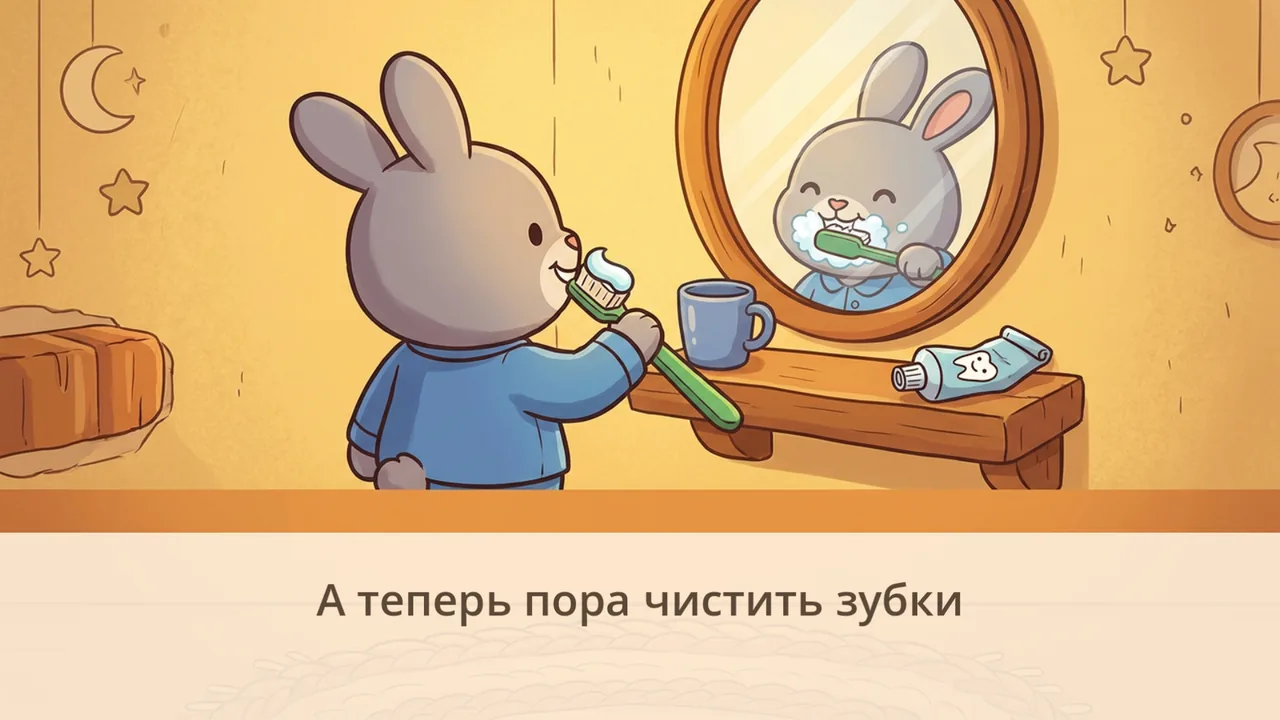 Прощание: зайчик чистит зубы, крупная подпись «А теперь пора чистить зубки».